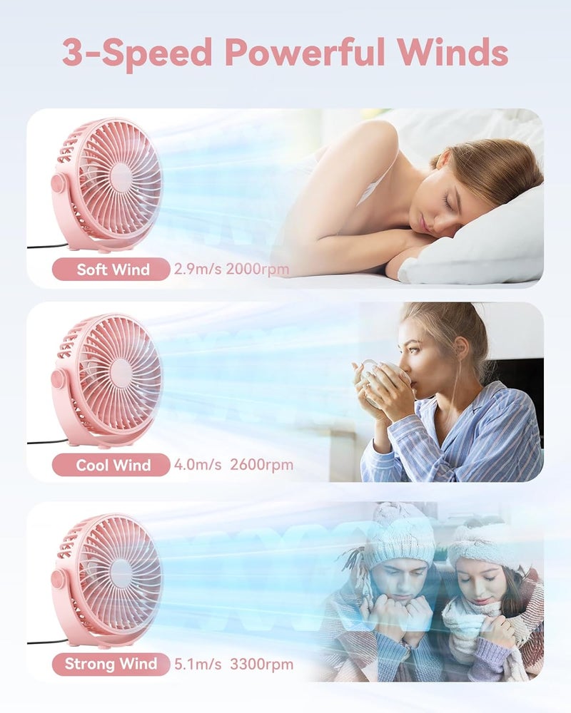 Edvision USB Desk Fan, 5 Inch Mini Portable, 3 Speeds Strong Airflow Personal Desktop, Detachable Cooling Fan 360° Rotation Quiet Small Fan for Desk Home Office Travel Car, Pink, 5ft Cable - Image 2